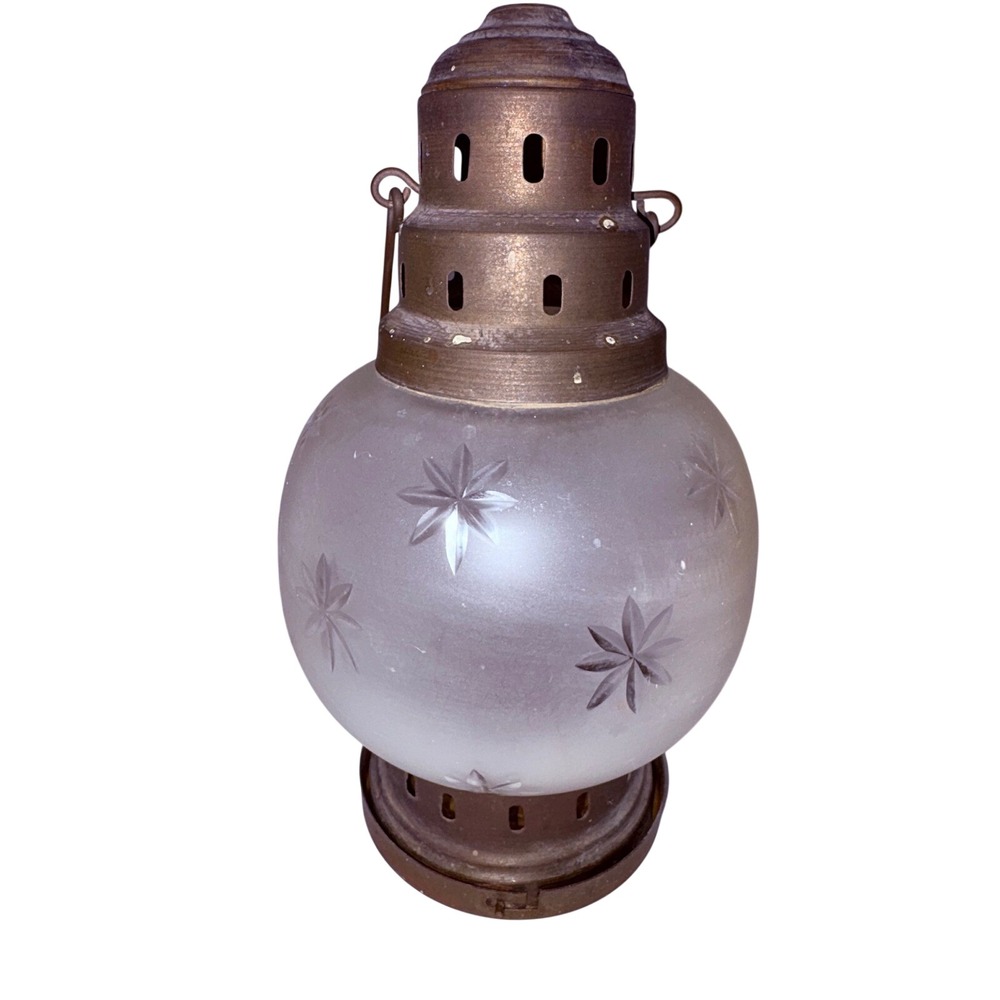 Frosted Etched Star Glass Brass Candle Lantern Hanging Tea Light Holder Vintage - Picture 1 of 14